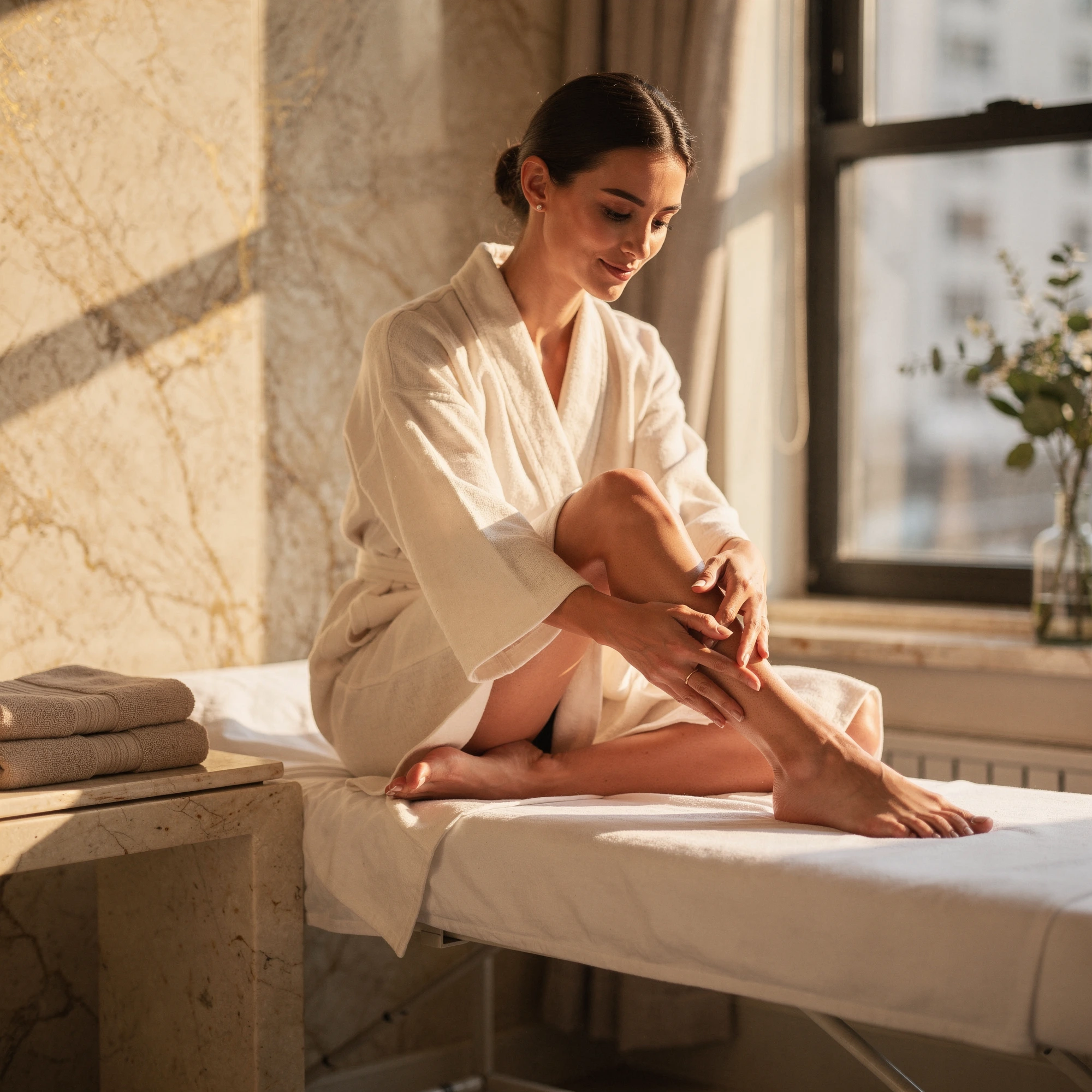 Woman in spa robe examining her foot while sitting on a treatment table by a window
